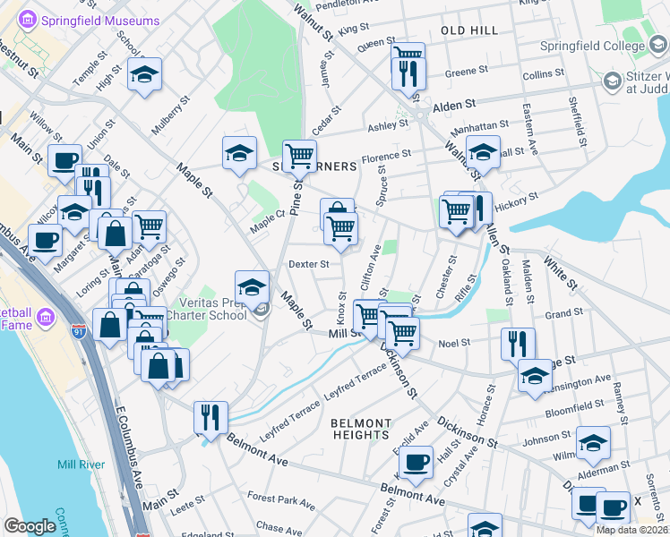 map of restaurants, bars, coffee shops, grocery stores, and more near 55-57 Dexter Street in Springfield