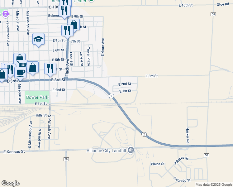 map of restaurants, bars, coffee shops, grocery stores, and more near 1400-1498 East 1st Street in Alliance