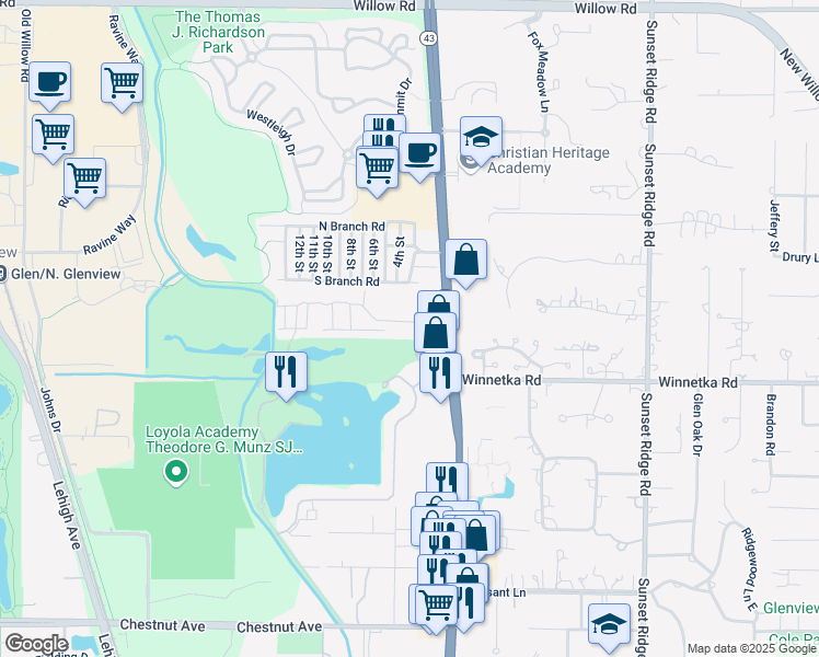 map of restaurants, bars, coffee shops, grocery stores, and more near 1711 Wildberry Drive in Glenview