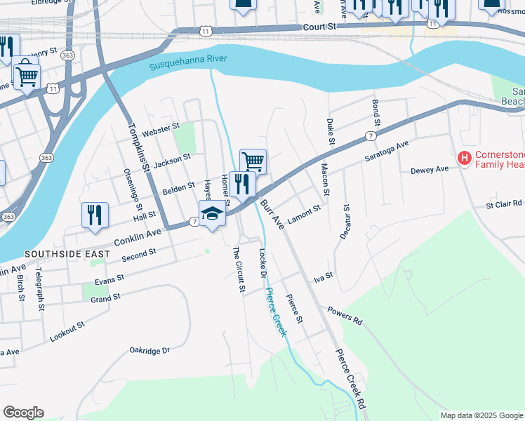 map of restaurants, bars, coffee shops, grocery stores, and more near 6 Burr Avenue in Binghamton