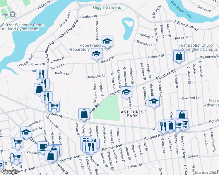 map of restaurants, bars, coffee shops, grocery stores, and more near 31 Old Brook Road in Springfield