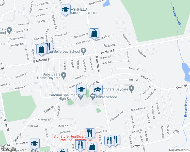 map of restaurants, bars, coffee shops, grocery stores, and more near 25 Gerald Avenue in Brockton