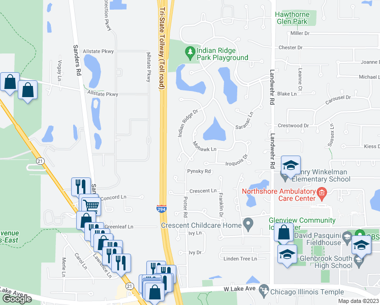 map of restaurants, bars, coffee shops, grocery stores, and more near 2305 Indian Ridge Drive in Glenview