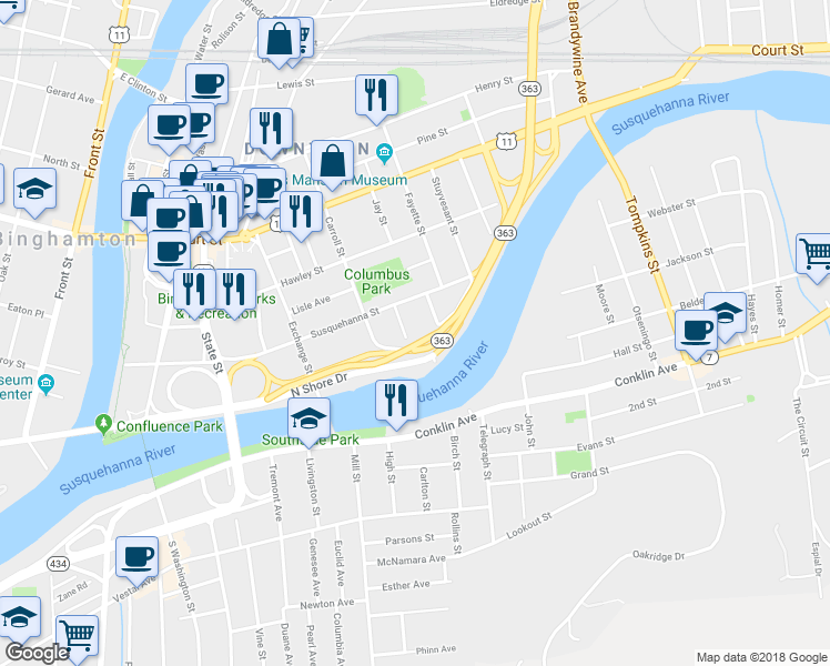 map of restaurants, bars, coffee shops, grocery stores, and more near 16 Tudor St in Binghamton