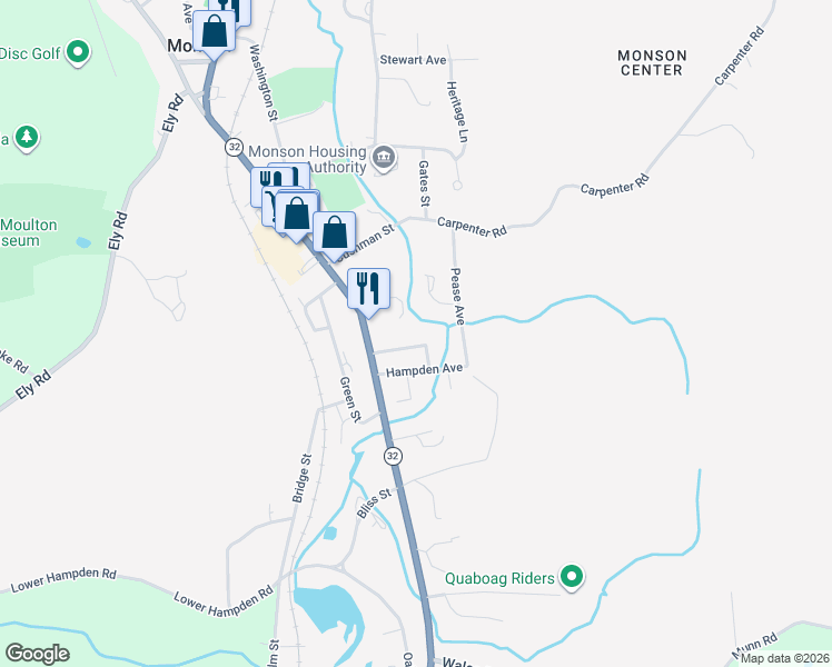 map of restaurants, bars, coffee shops, grocery stores, and more near 14 1/2 Park Avenue in Monson