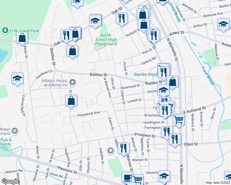 map of restaurants, bars, coffee shops, grocery stores, and more near 106 Richmond Street in Brockton