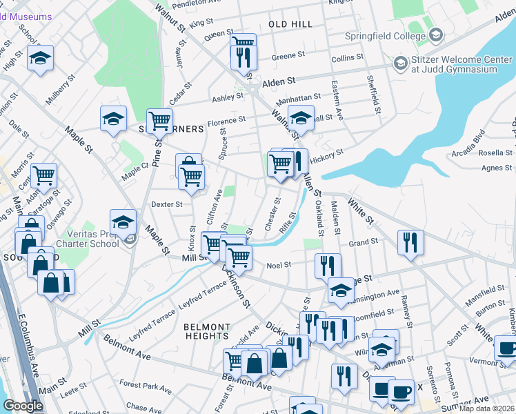 map of restaurants, bars, coffee shops, grocery stores, and more near 482b Hancock Street in Springfield