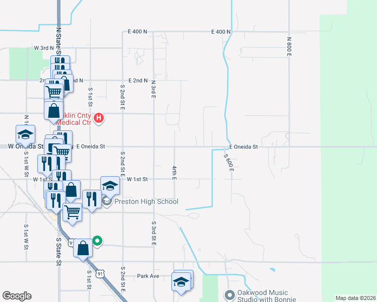 map of restaurants, bars, coffee shops, grocery stores, and more near 430 East Oneida Street in Preston