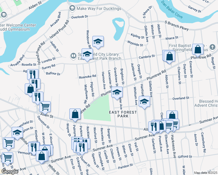 map of restaurants, bars, coffee shops, grocery stores, and more near 14 Lancaster St in Springfield