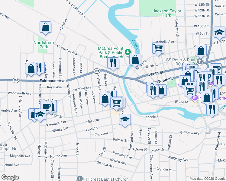 map of restaurants, bars, coffee shops, grocery stores, and more near 110 Fairview Avenue in Jamestown