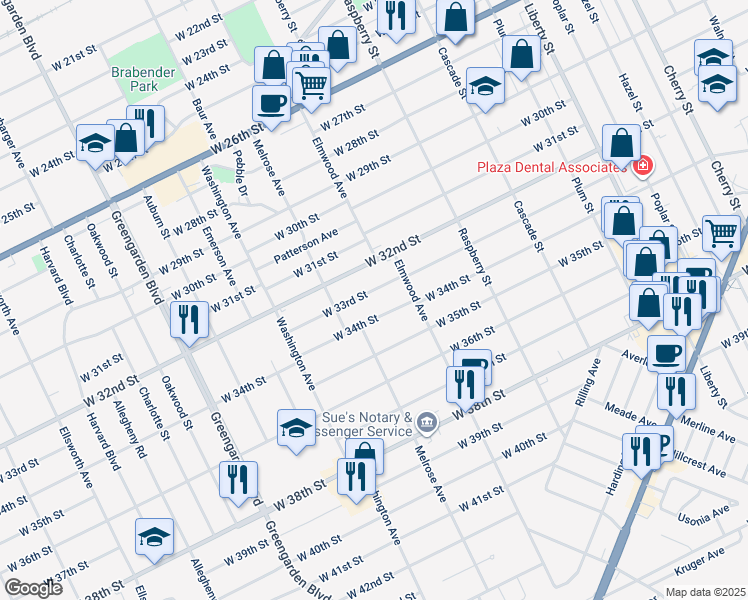 map of restaurants, bars, coffee shops, grocery stores, and more near 1341 W 33rd St in Erie