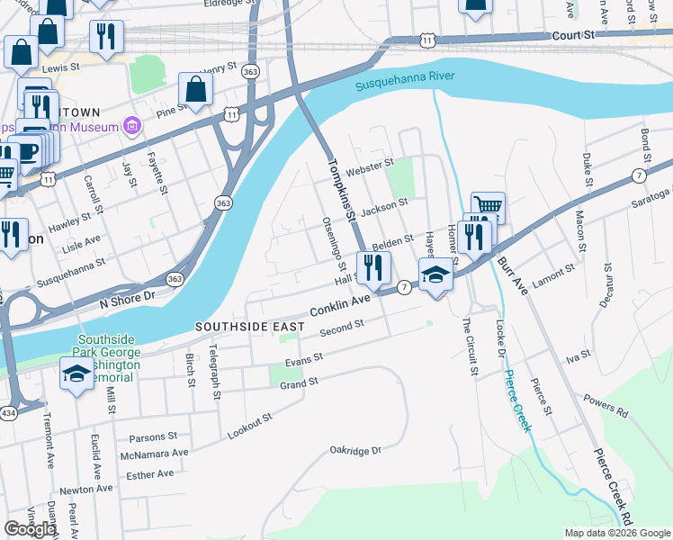 map of restaurants, bars, coffee shops, grocery stores, and more near 38 Otseningo Street in Binghamton