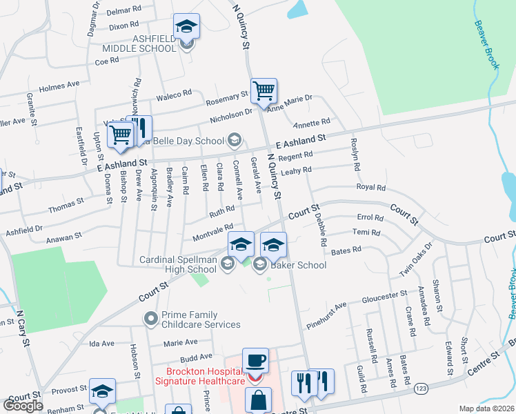 map of restaurants, bars, coffee shops, grocery stores, and more near 25 Gerald Avenue in Brockton