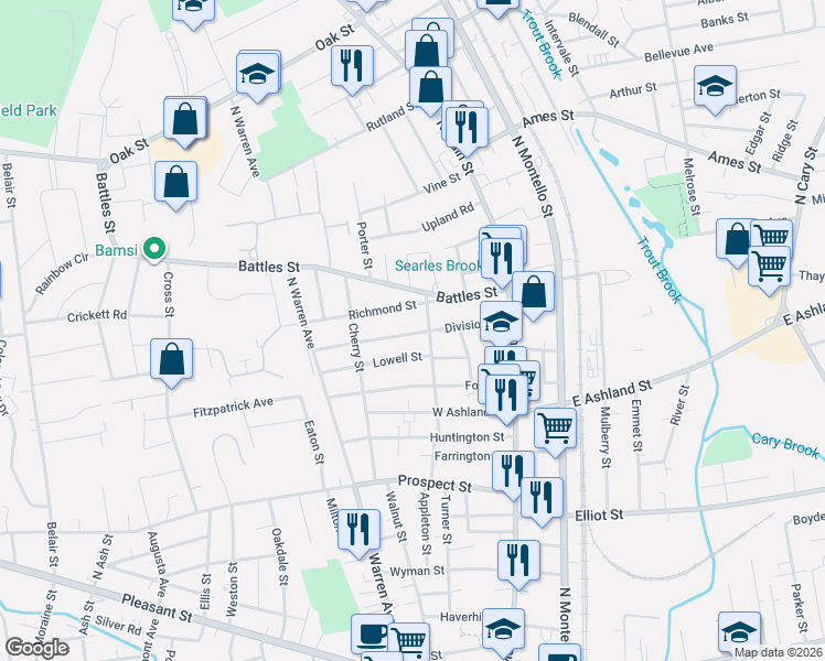 map of restaurants, bars, coffee shops, grocery stores, and more near 89 Division Street in Brockton