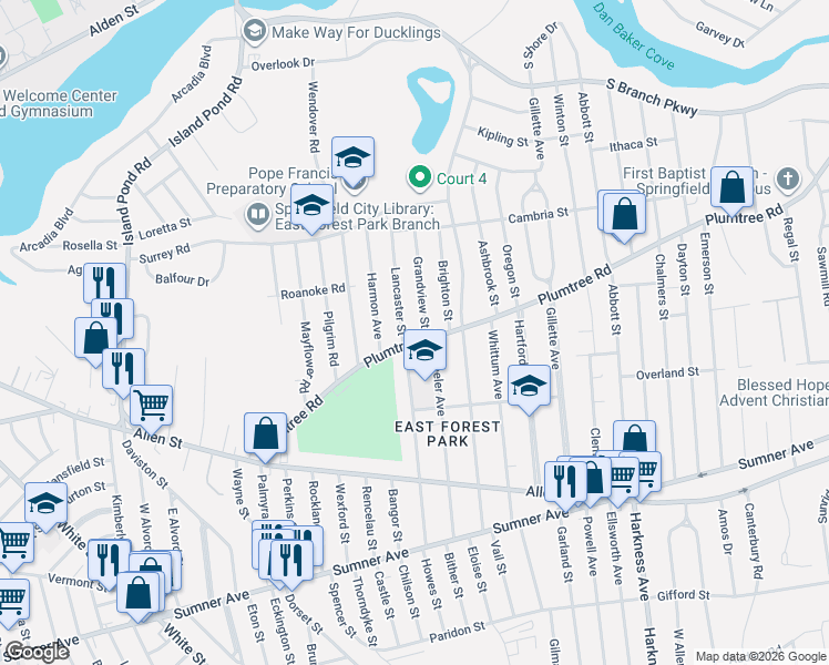 map of restaurants, bars, coffee shops, grocery stores, and more near 14 Lancaster Street in Springfield