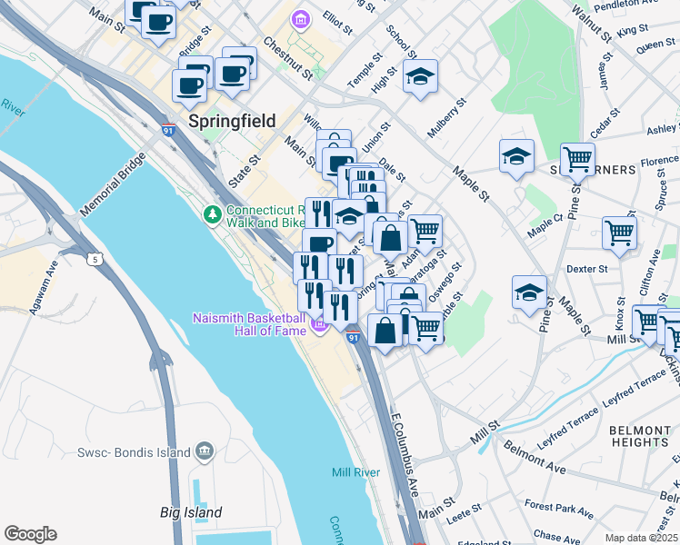 map of restaurants, bars, coffee shops, grocery stores, and more near 40 Fremont Street in Springfield