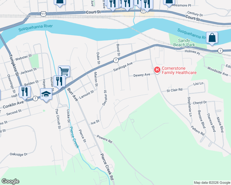 map of restaurants, bars, coffee shops, grocery stores, and more near 29 Delmar Street in Binghamton