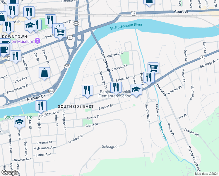 map of restaurants, bars, coffee shops, grocery stores, and more near 38-40 Otseningo Street in Binghamton