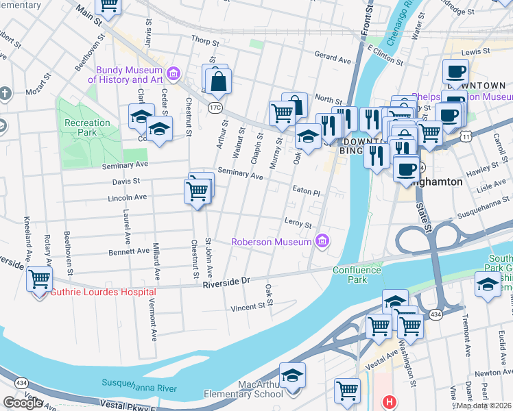 map of restaurants, bars, coffee shops, grocery stores, and more near 77 Murray Street in Binghamton