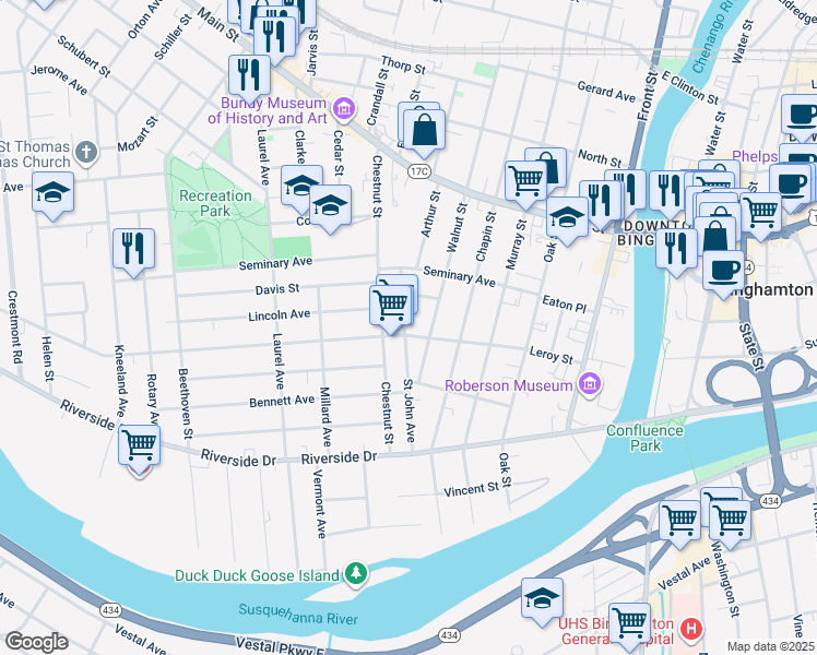 map of restaurants, bars, coffee shops, grocery stores, and more near 58 Leroy Street in Binghamton