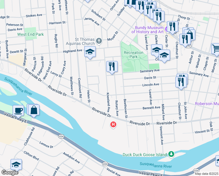 map of restaurants, bars, coffee shops, grocery stores, and more near 45 Kneeland Avenue in Binghamton
