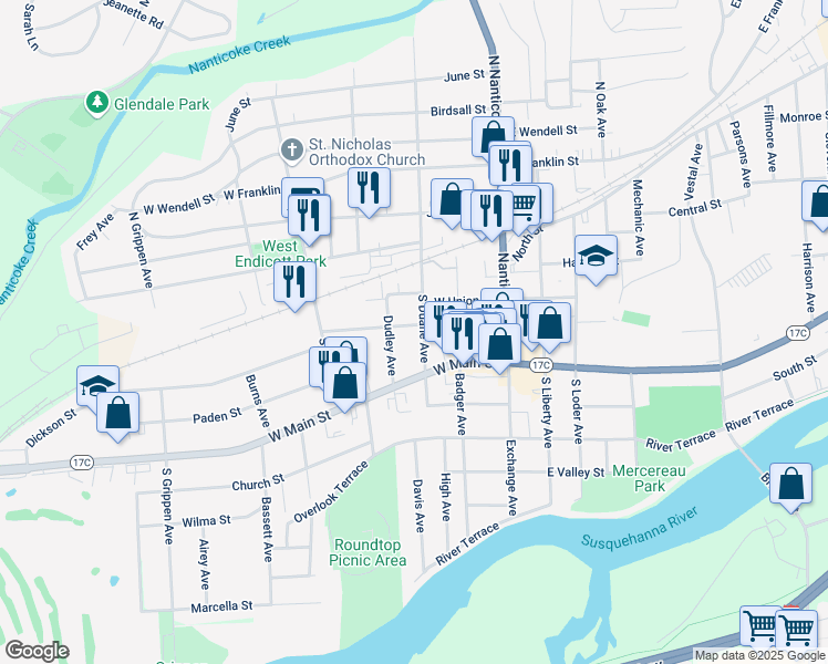 map of restaurants, bars, coffee shops, grocery stores, and more near 205 Dudley Avenue in Endicott