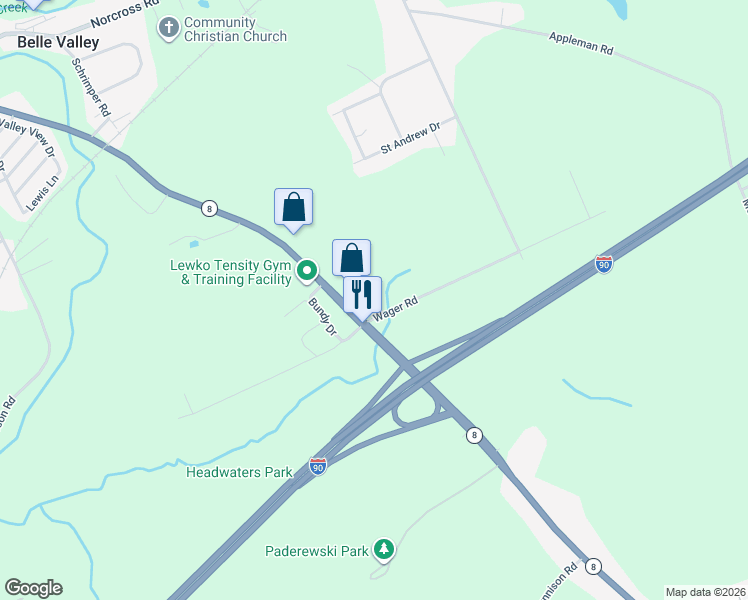 map of restaurants, bars, coffee shops, grocery stores, and more near 5747 Wattsburg Rd in Erie