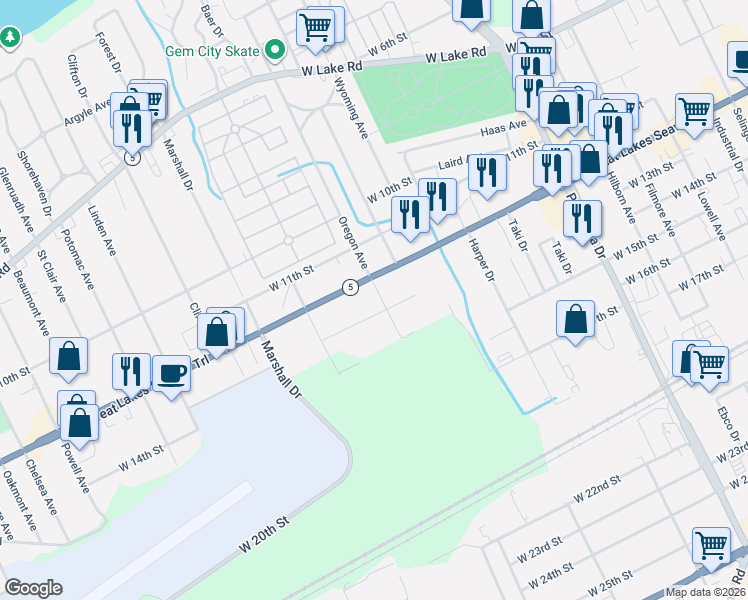 map of restaurants, bars, coffee shops, grocery stores, and more near 1220 Oregon Ave in Erie