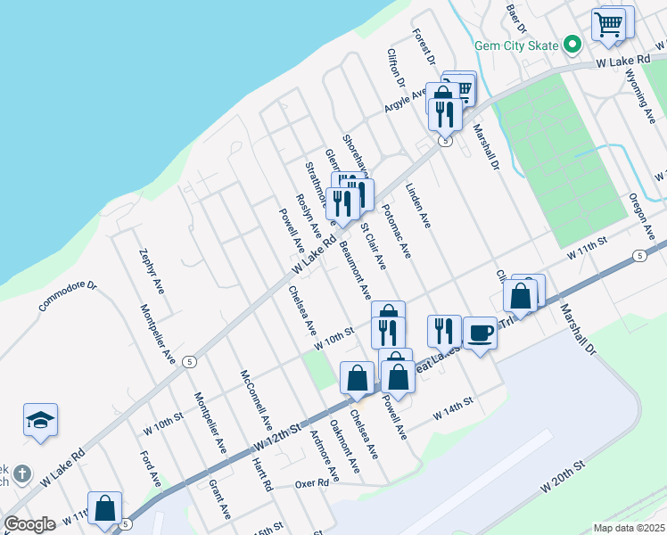map of restaurants, bars, coffee shops, grocery stores, and more near 812 Beaumont Avenue in Erie
