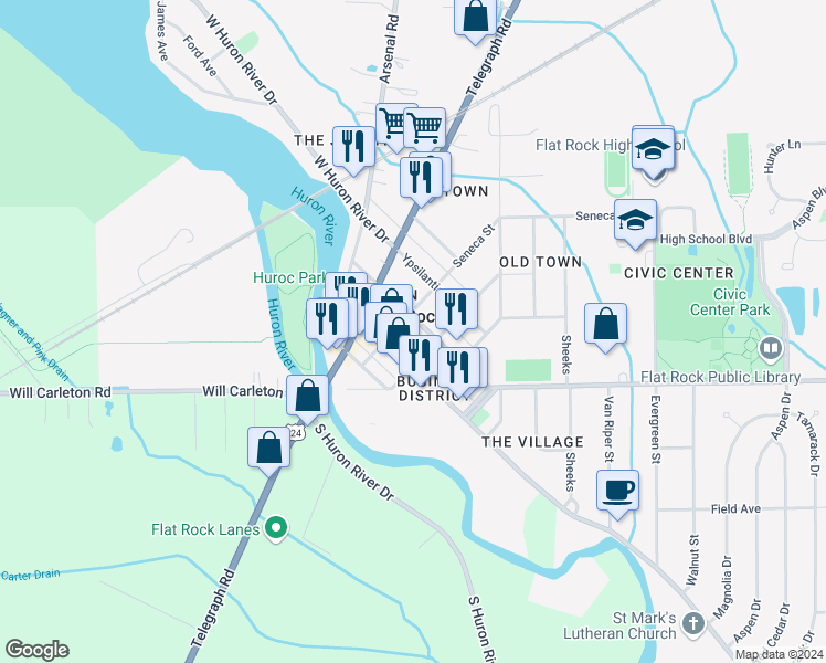 map of restaurants, bars, coffee shops, grocery stores, and more near in Flat Rock