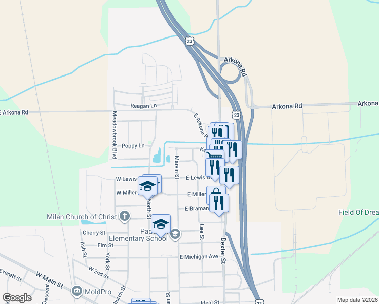 map of restaurants, bars, coffee shops, grocery stores, and more near 1185 Wright Lane in Milan