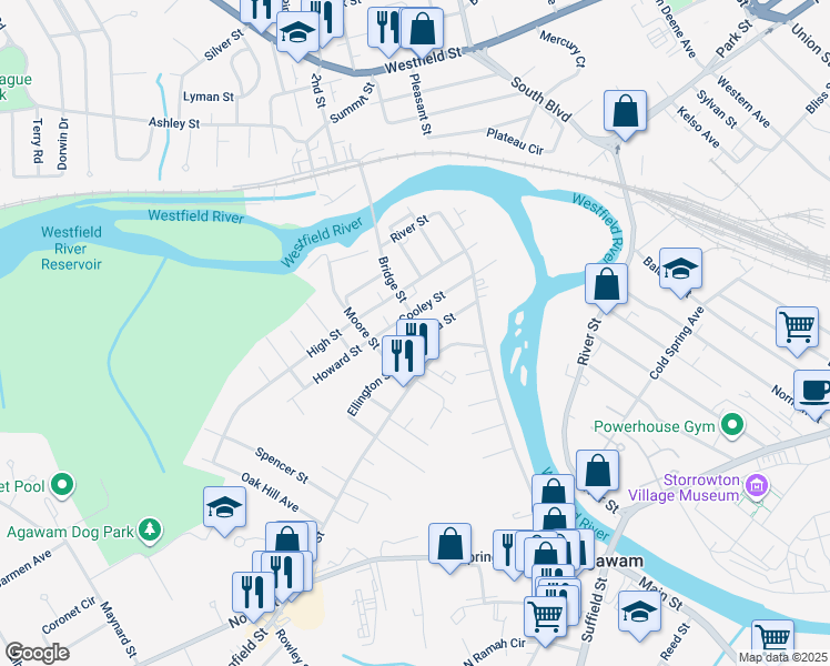 map of restaurants, bars, coffee shops, grocery stores, and more near 98 Bridge Street in Agawam