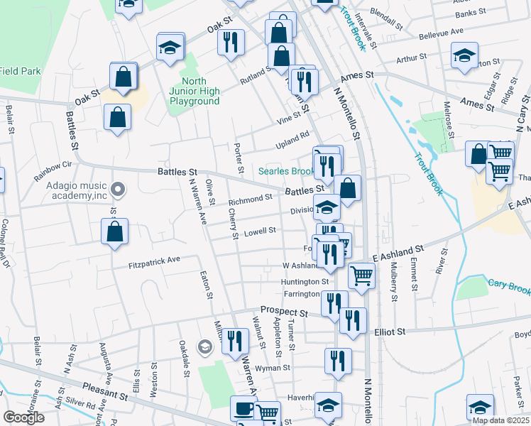 map of restaurants, bars, coffee shops, grocery stores, and more near 89 Division Street in Brockton