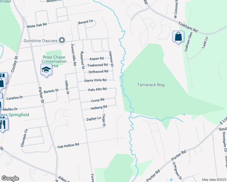 map of restaurants, bars, coffee shops, grocery stores, and more near 131 Palo Alto Road in Springfield