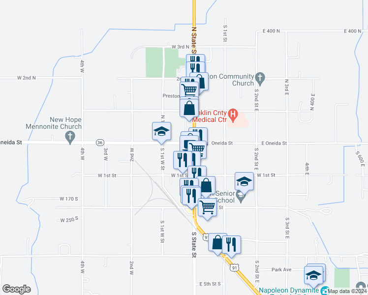 map of restaurants, bars, coffee shops, grocery stores, and more near 29 West Oneida Street in Preston