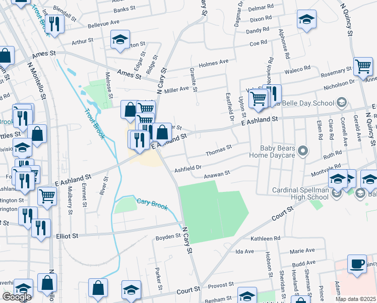map of restaurants, bars, coffee shops, grocery stores, and more near 61 Bennett Street in Brockton