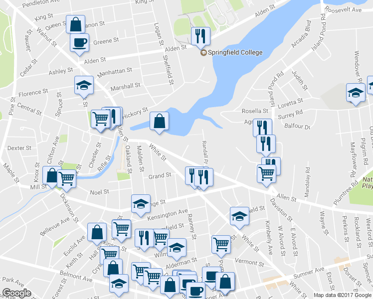 map of restaurants, bars, coffee shops, grocery stores, and more near 19 Hunt Street in Springfield