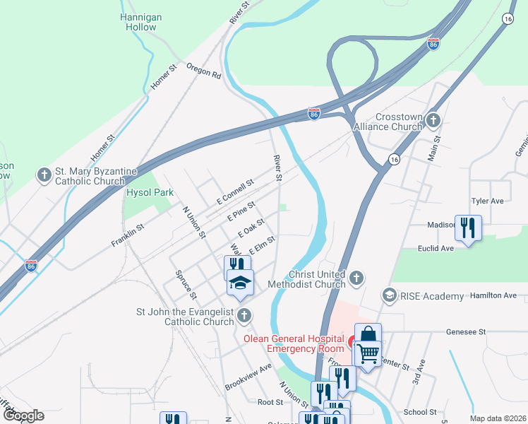 map of restaurants, bars, coffee shops, grocery stores, and more near 1306 Ash Street in Olean