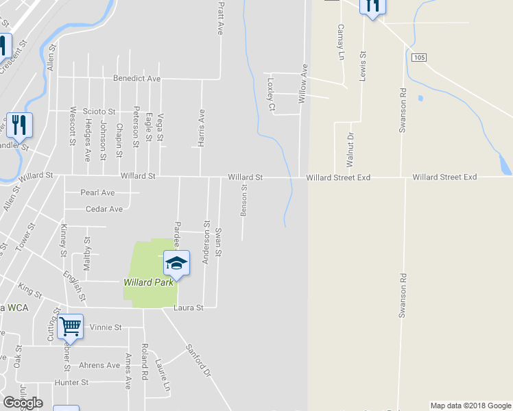 map of restaurants, bars, coffee shops, grocery stores, and more near 496 Willard Street in Jamestown