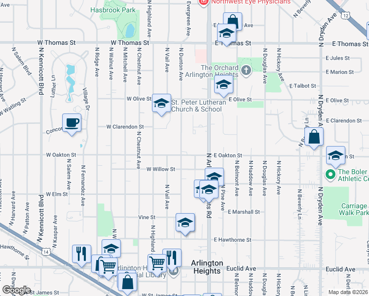 map of restaurants, bars, coffee shops, grocery stores, and more near 1111 North Dunton Avenue in Arlington Heights