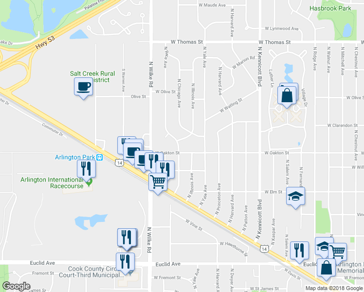 map of restaurants, bars, coffee shops, grocery stores, and more near 1107 North Chicago Avenue in Arlington Heights