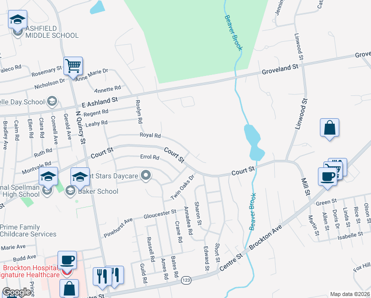 map of restaurants, bars, coffee shops, grocery stores, and more near 149 Royal Rd in Brockton