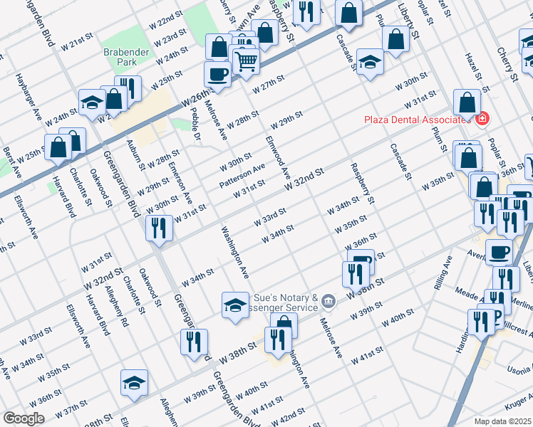 map of restaurants, bars, coffee shops, grocery stores, and more near 1376 W 33rd St in Erie