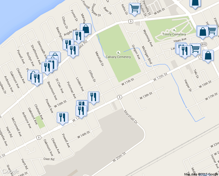 map of restaurants, bars, coffee shops, grocery stores, and more near 3412 W 11th St in Erie