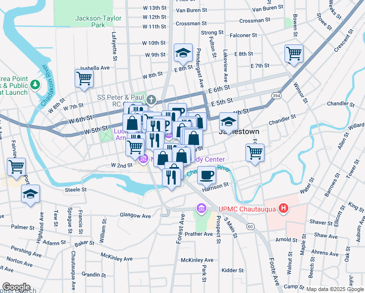 map of restaurants, bars, coffee shops, grocery stores, and more near 207 Pine Street in Jamestown
