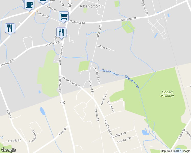 map of restaurants, bars, coffee shops, grocery stores, and more near 125 Richard Road in Abington