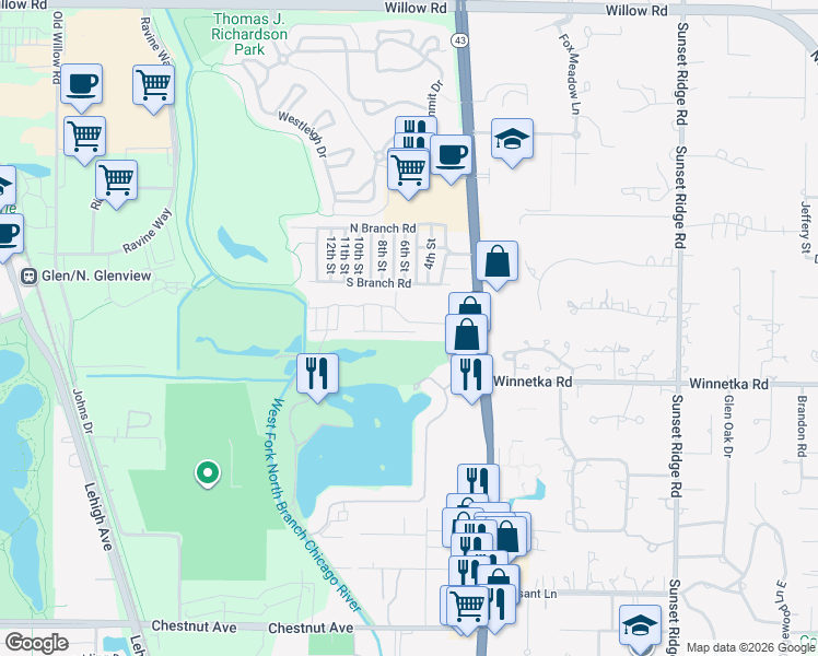 map of restaurants, bars, coffee shops, grocery stores, and more near 1723 Wildberry Drive in Glenview
