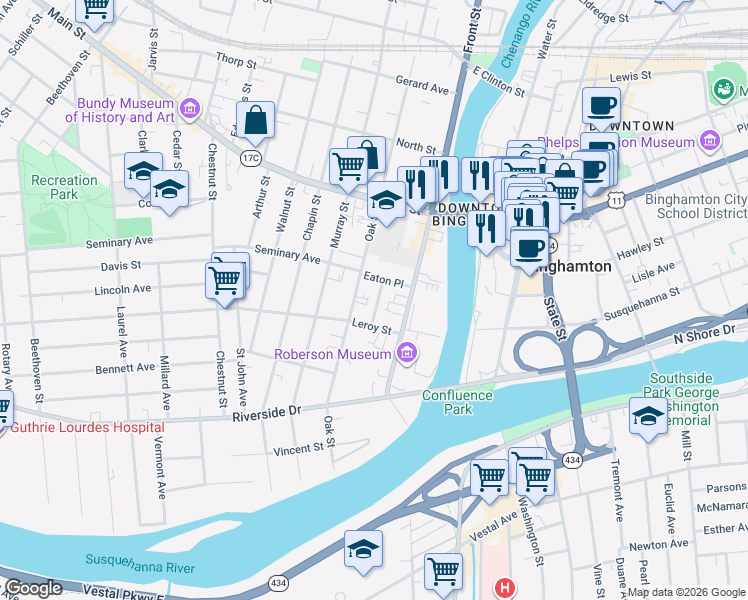 map of restaurants, bars, coffee shops, grocery stores, and more near 8 Florence Avenue in Binghamton