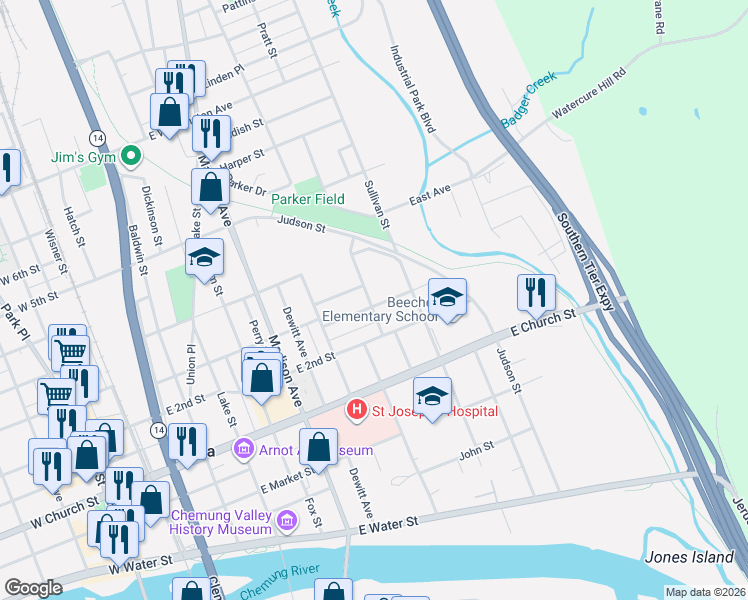 map of restaurants, bars, coffee shops, grocery stores, and more near 450 Oak Street in Elmira