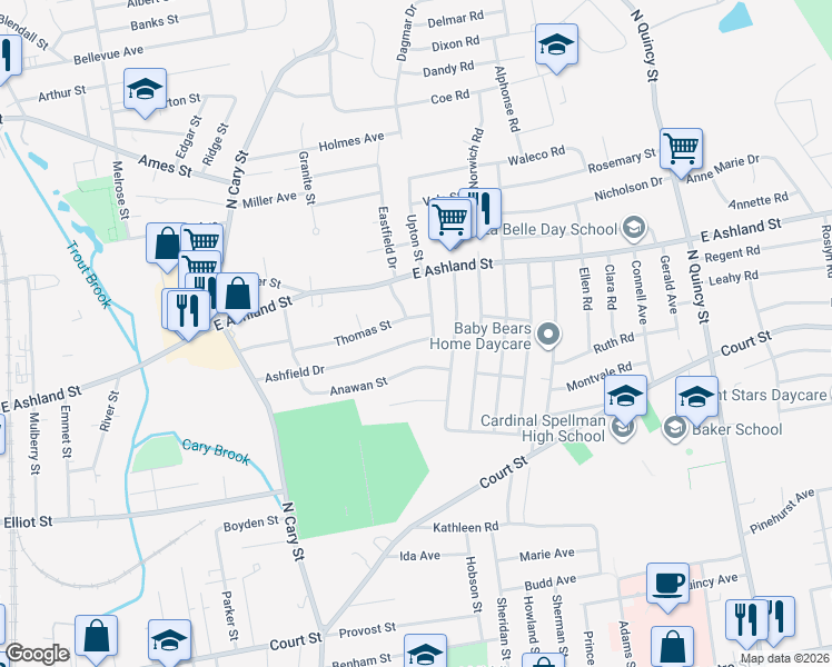 map of restaurants, bars, coffee shops, grocery stores, and more near 146 Ashfield Drive in Brockton